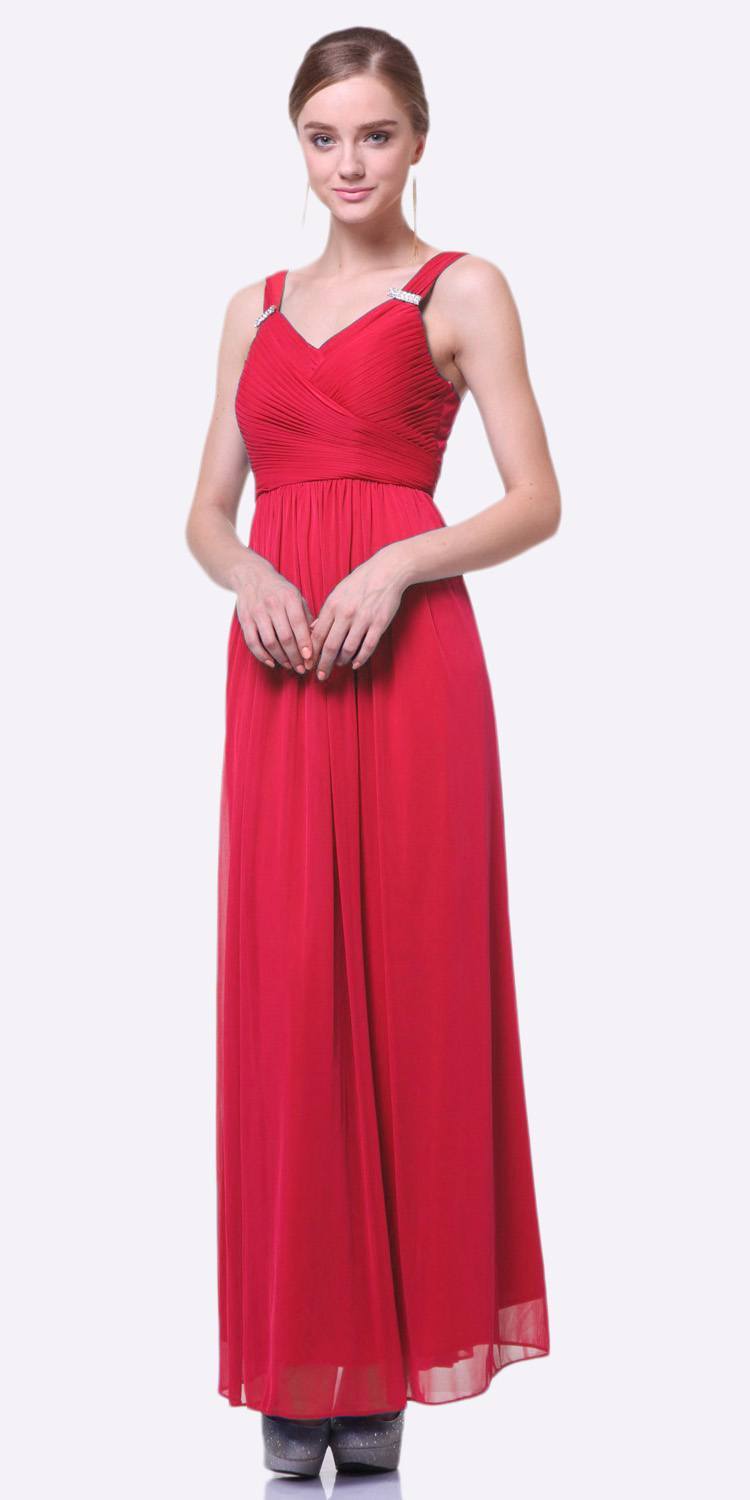 Red sleeveless long chiffon dress with ruched V neckline and gathered waist