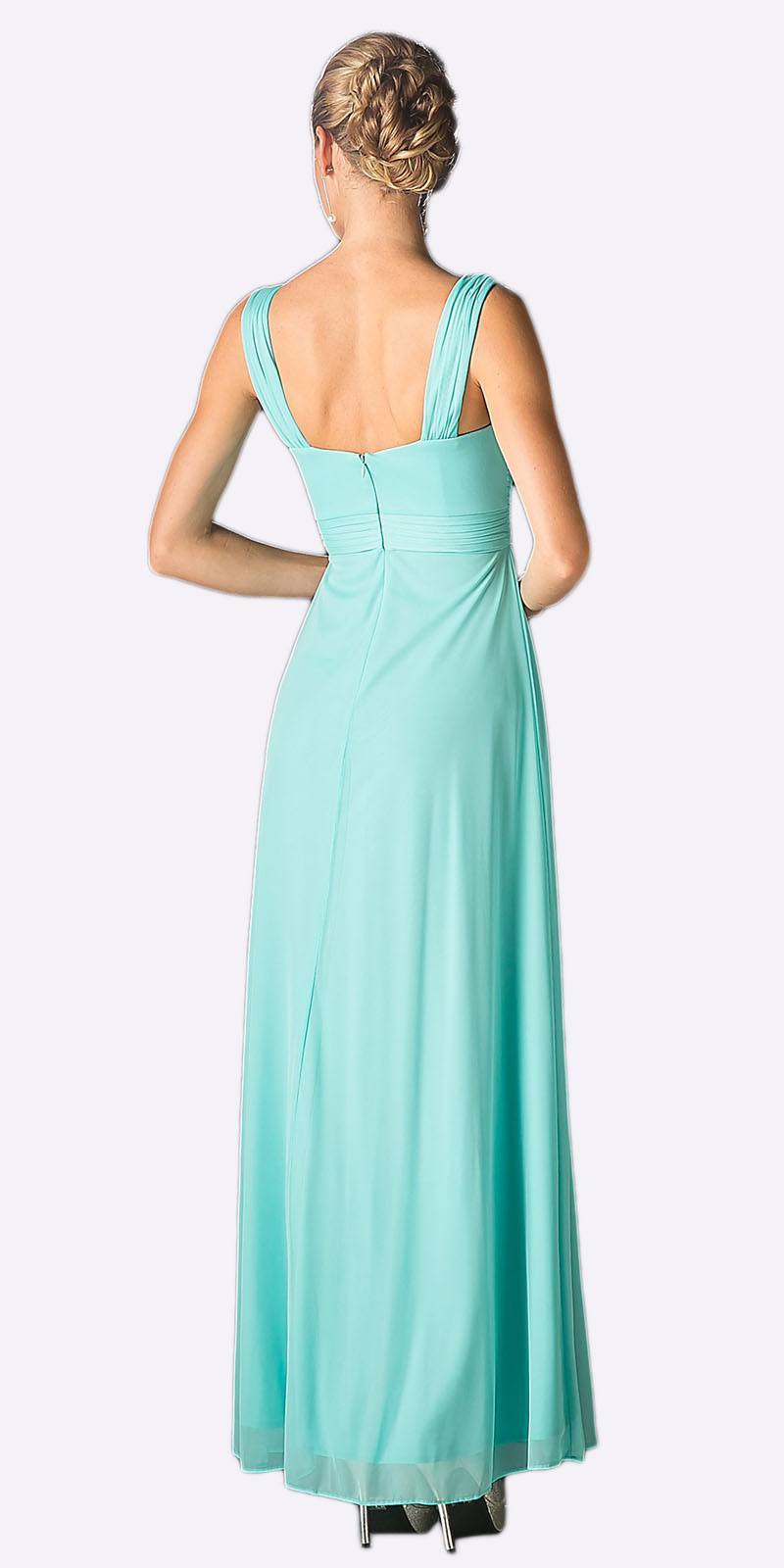Teal sleeveless long chiffon dress back view with scoop back and thin straps