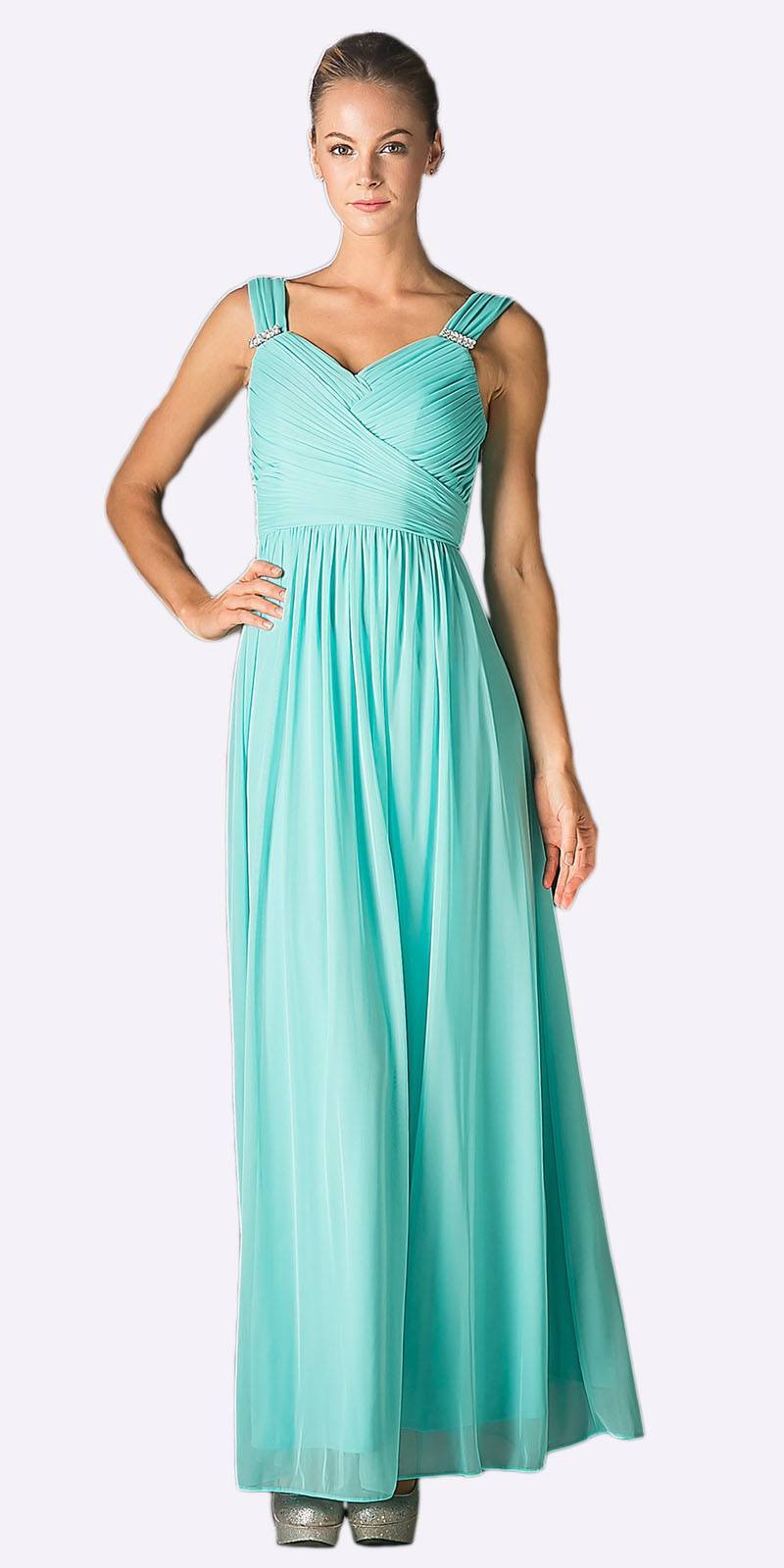 Jade sleeveless long chiffon dress with ruched V neckline and gathered waist