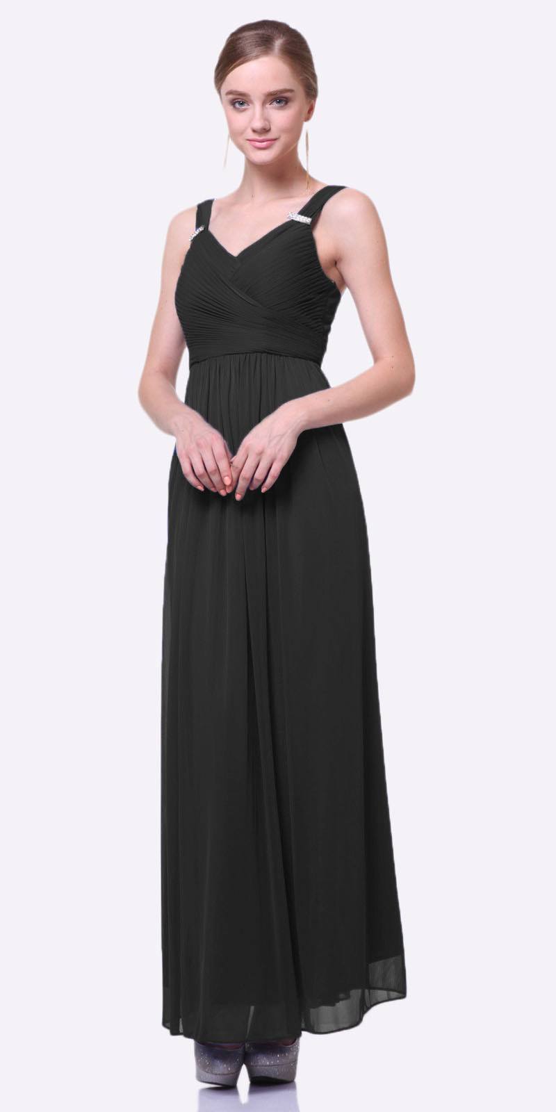 Long chiffon dress, sleeveless V-neck, black with gathered waist