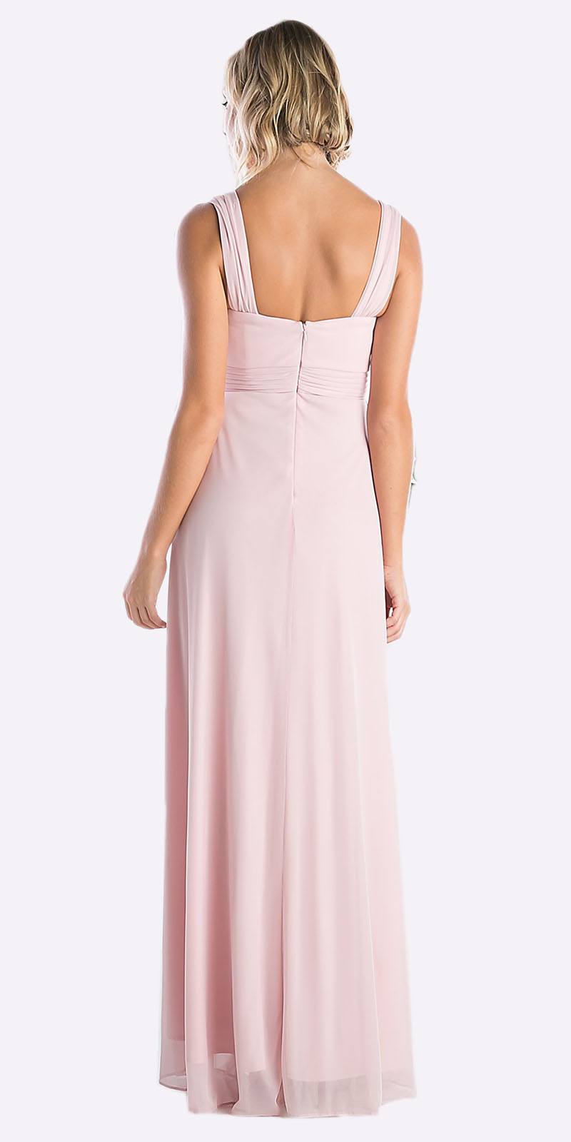 Pale pink sleeveless long chiffon dress back view with scoop back and thin straps