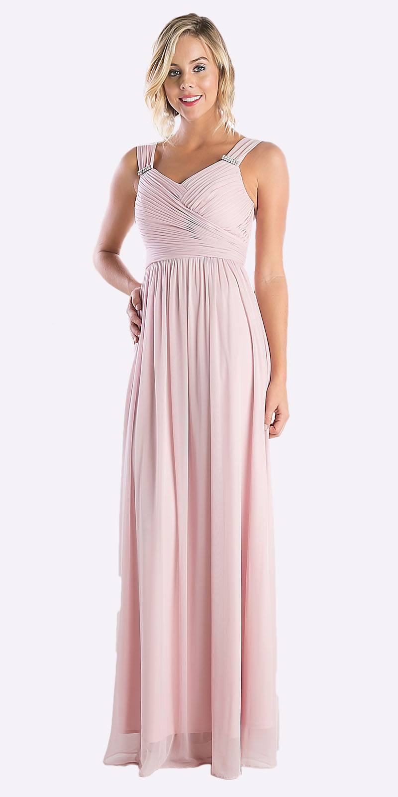 Blush pink sleeveless long chiffon dress with ruched V neckline and gathered waist