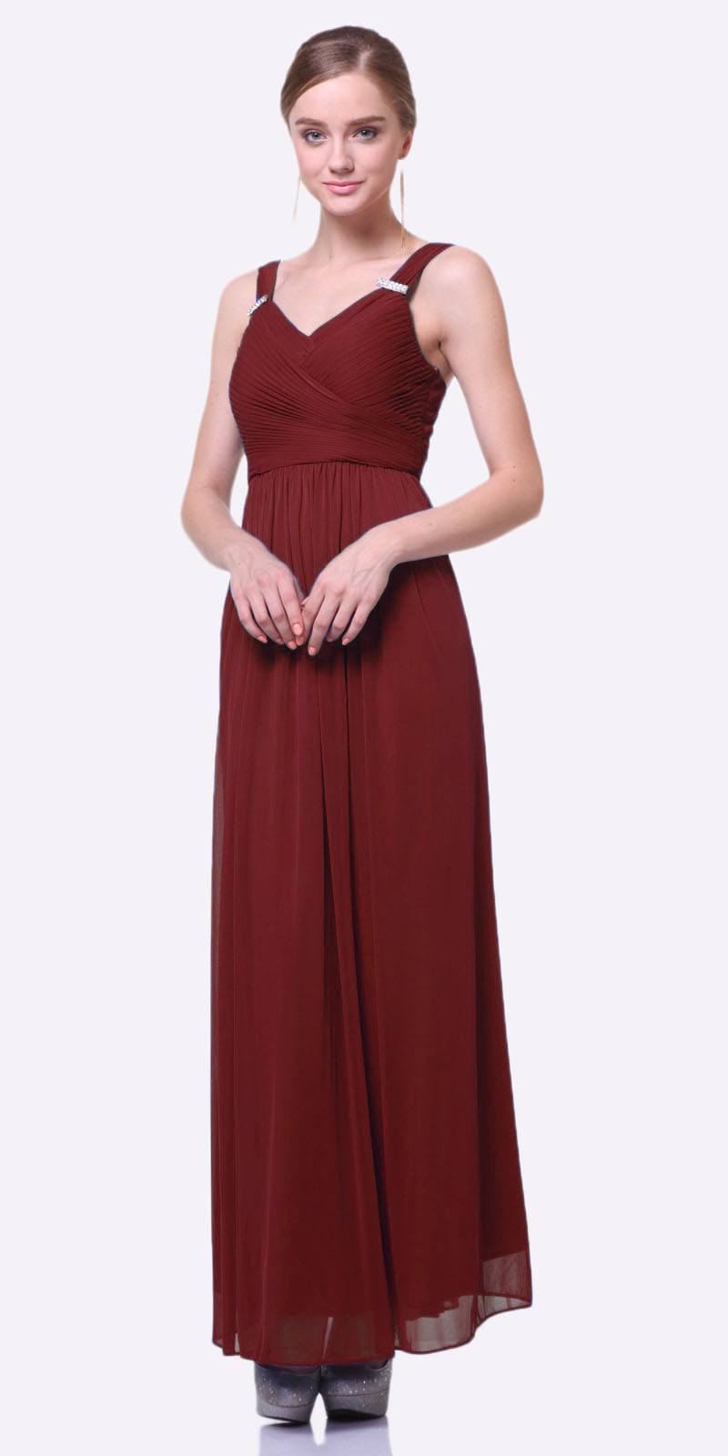 Long chiffon dress, sleeveless V-neck, burgundy with gathered waist
