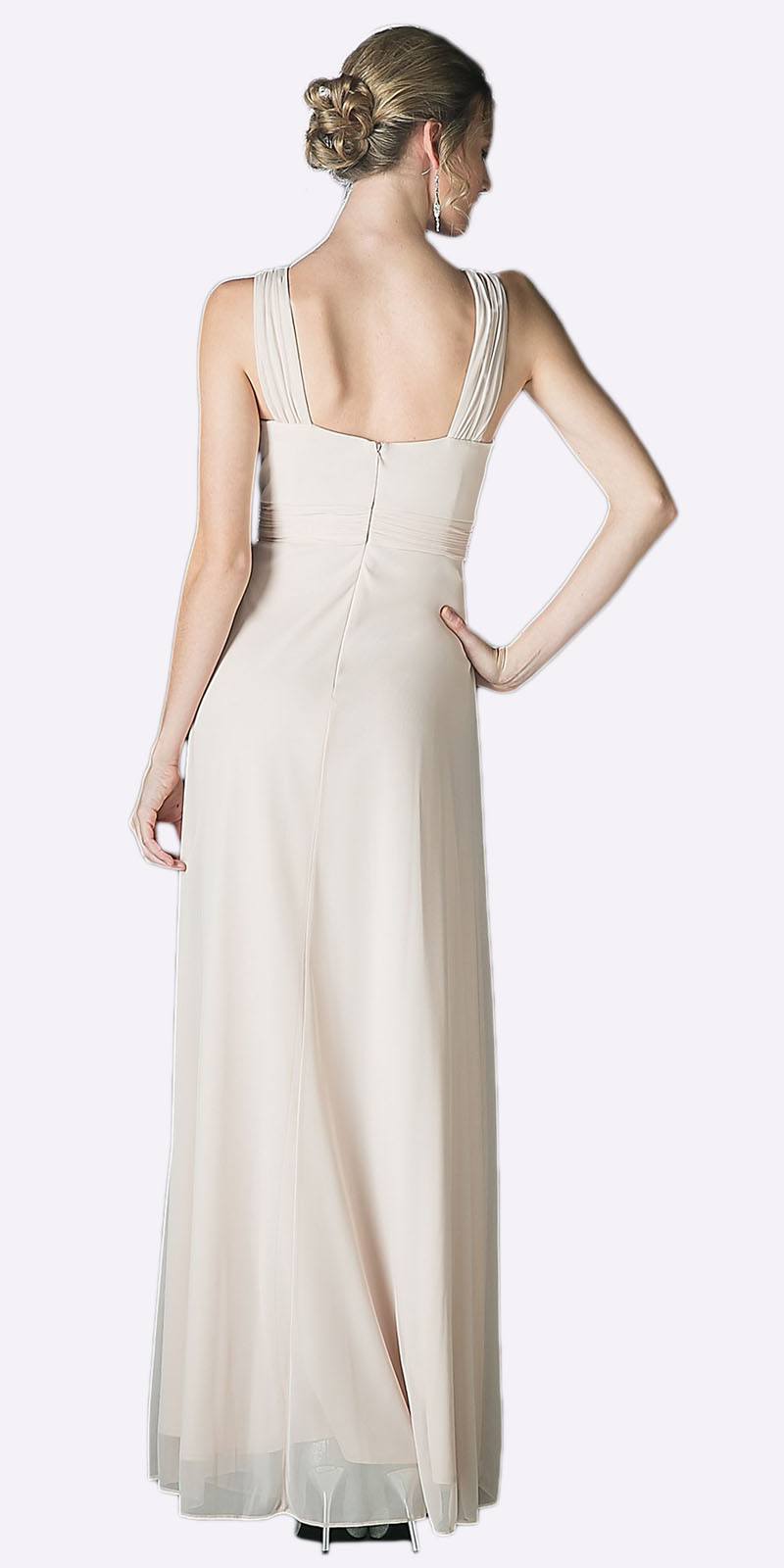 Cream sleeveless long chiffon dress back view with scoop back and thin straps