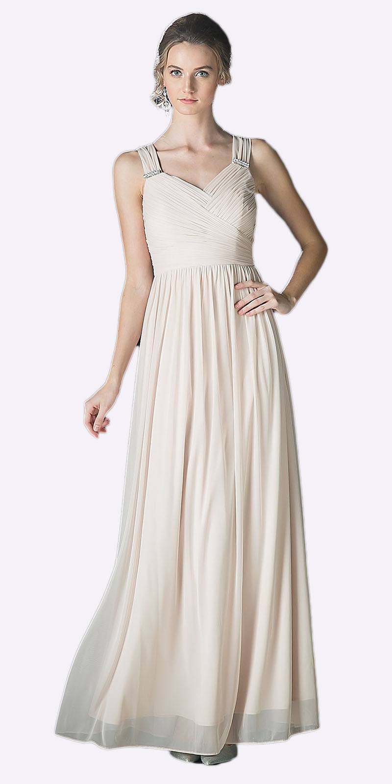 Ivory sleeveless long chiffon dress with ruched V neckline and gathered waist