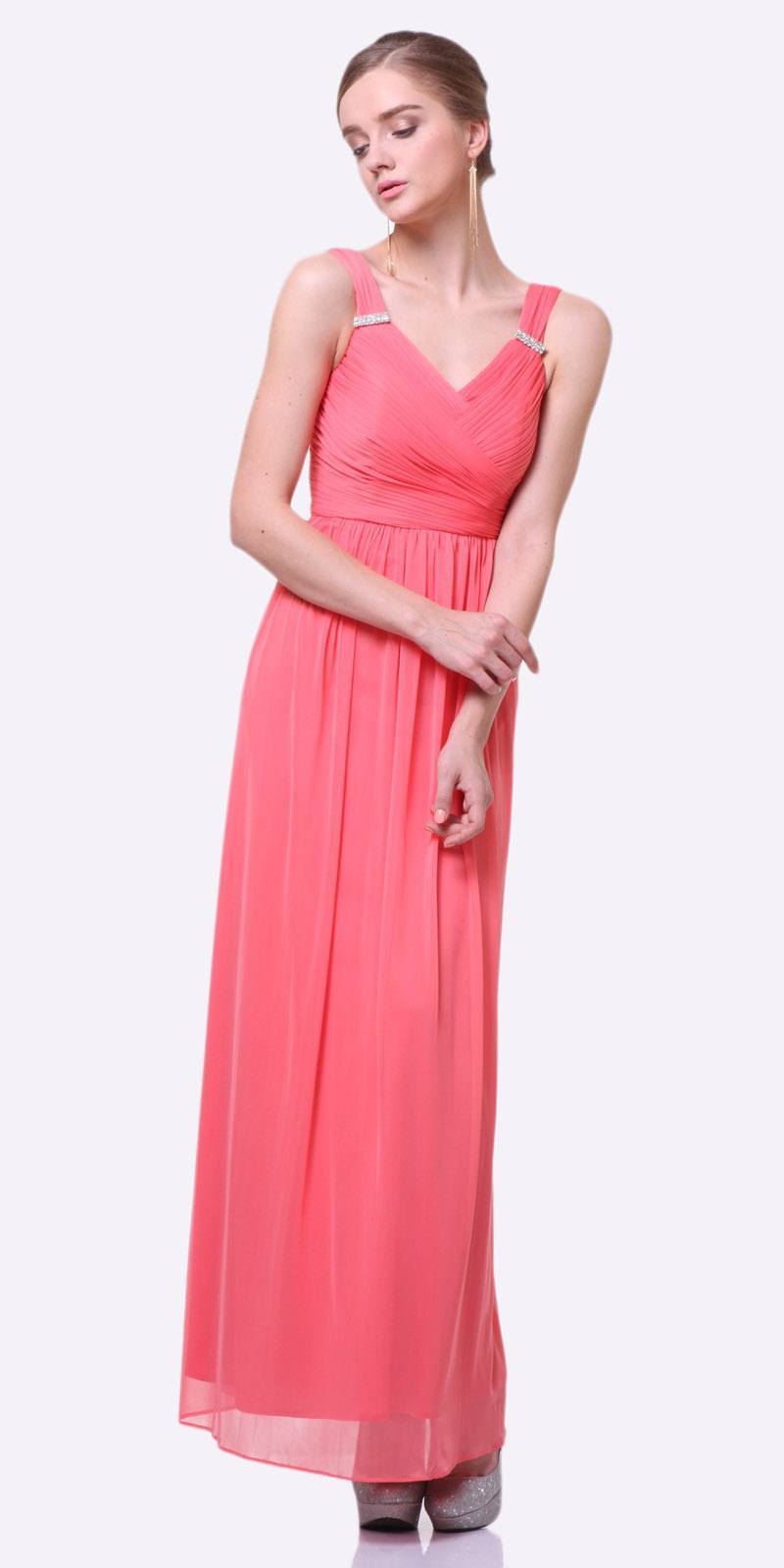 Long chiffon dress, sleeveless V-neck, pink coral with gathered waist