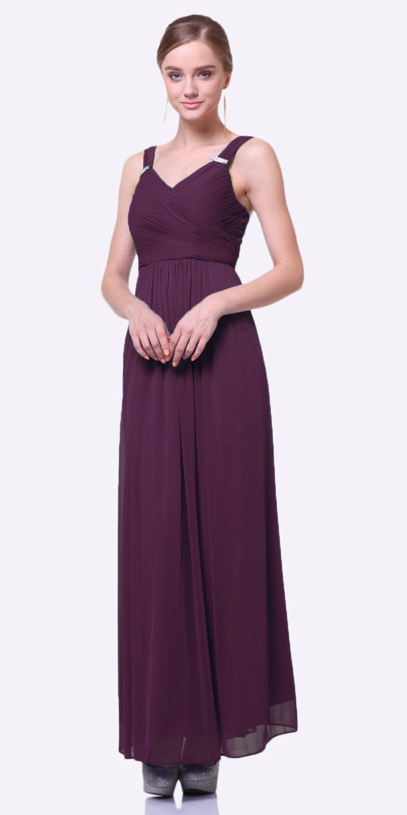 Long chiffon dress, sleeveless V-neck, dark purple with gathered waist
