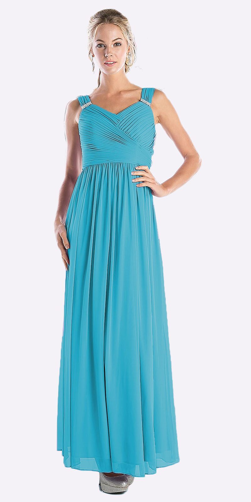 Teal sleeveless long chiffon dress with ruched V neckline and gathered waist