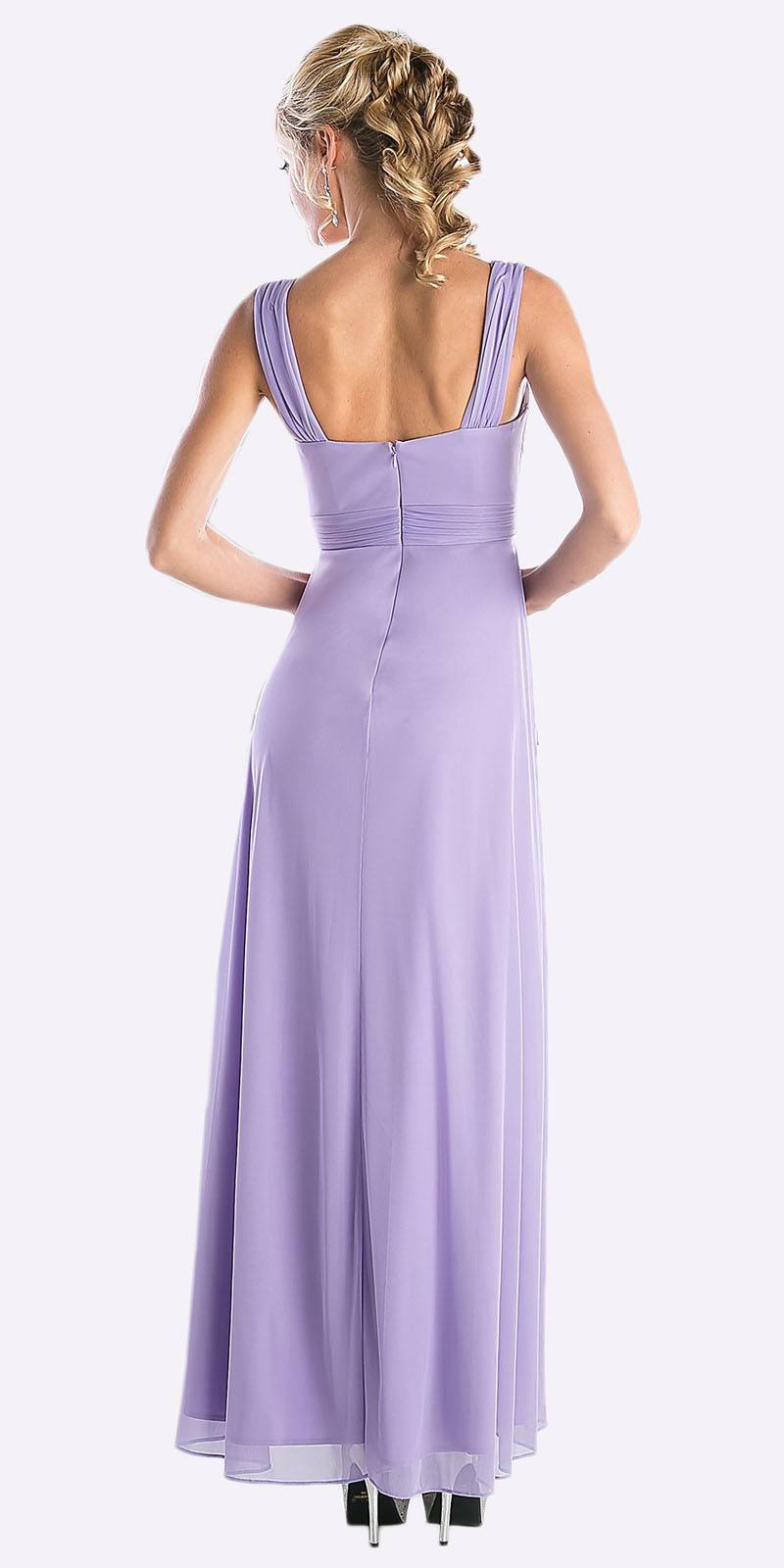 Long chiffon dress, sleeveless back view, lavender with ruched waist