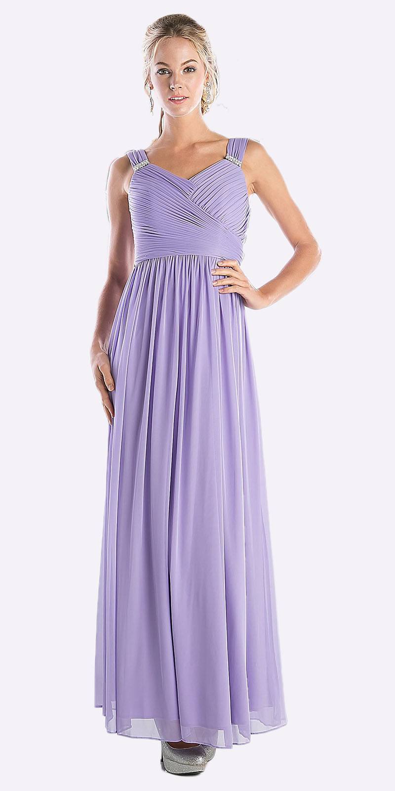 Long chiffon dress, sleeveless V-neck, lavender with gathered waist