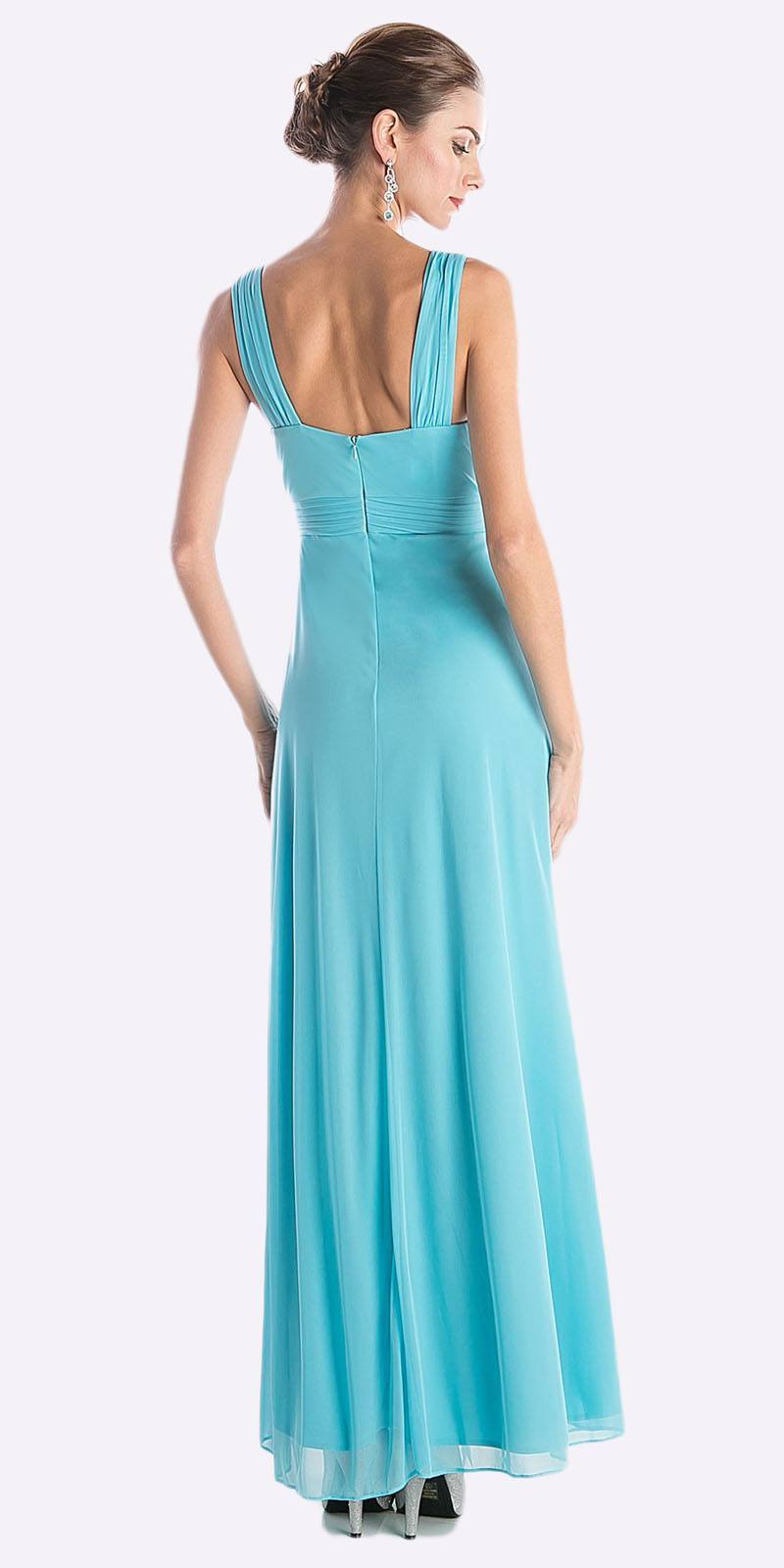 Teal sleeveless long chiffon dress back view with scoop back and thin straps