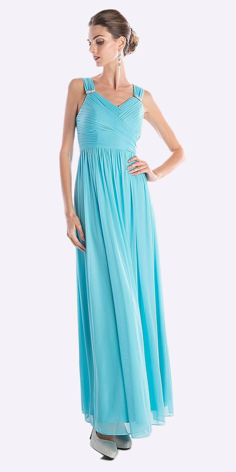 Teal sleeveless long chiffon dress with ruched bodice and V neckline, side view