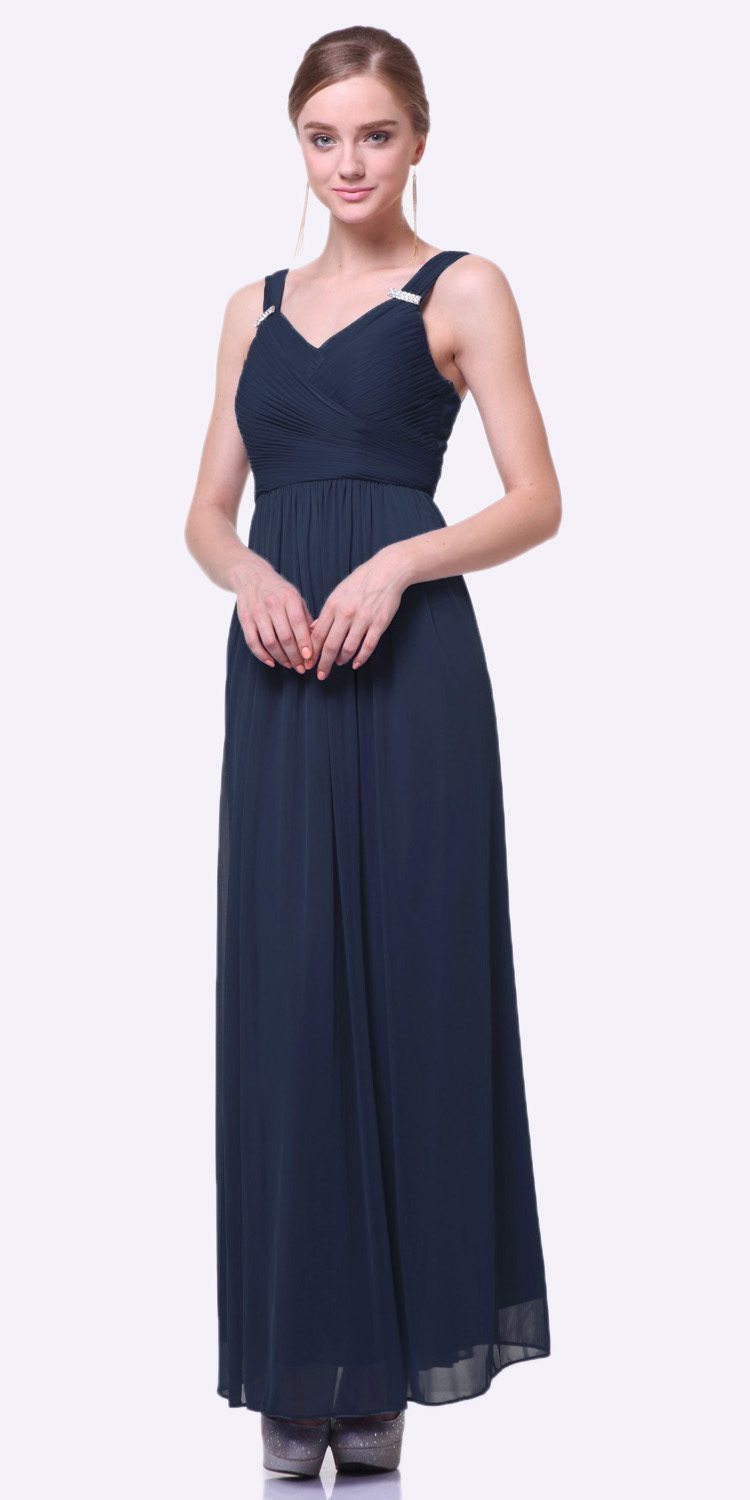 Long chiffon dress, sleeveless V-neck, navy blue with gathered waist