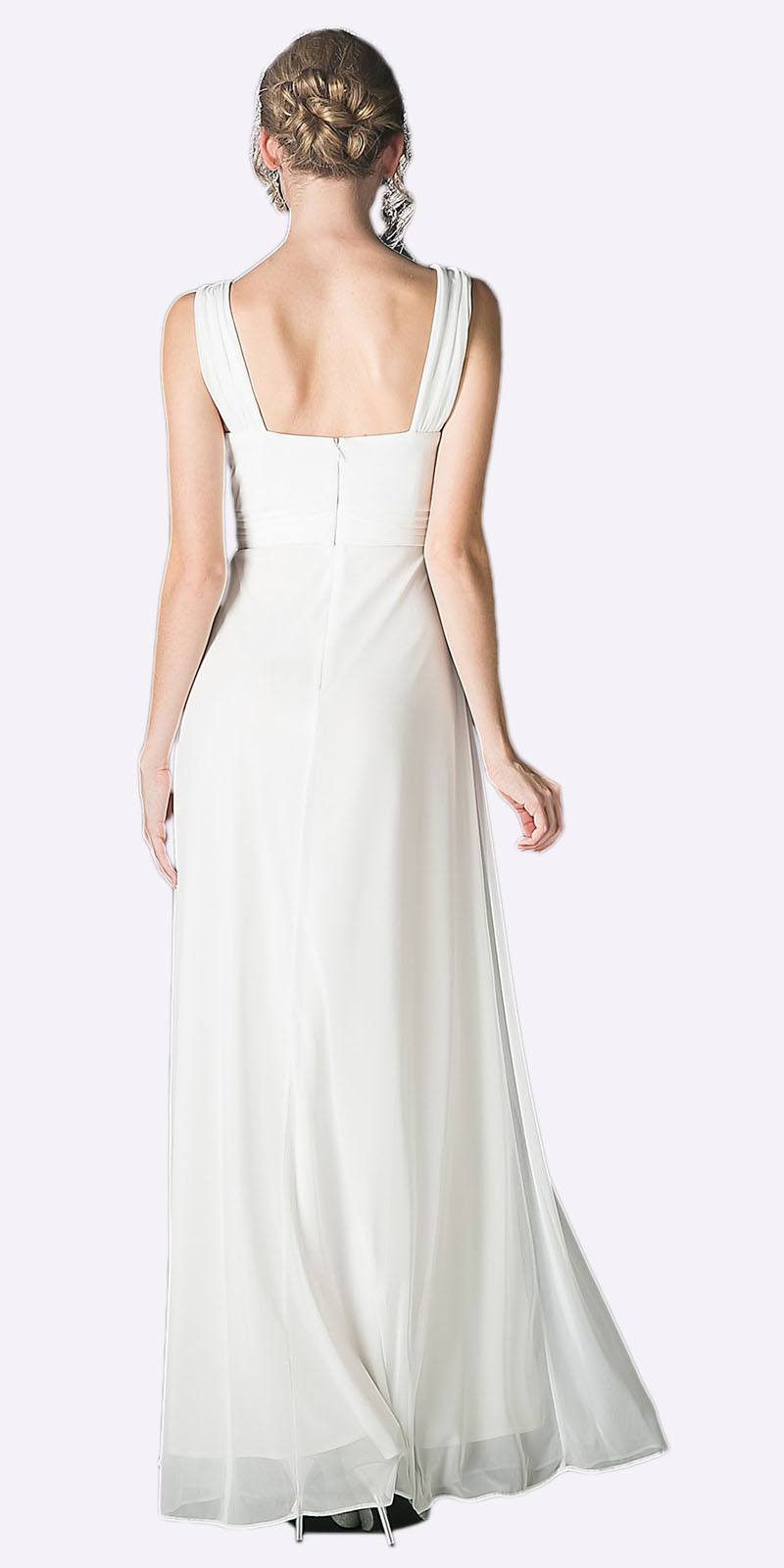 Long chiffon dress, sleeveless backless look, white with gathered waist