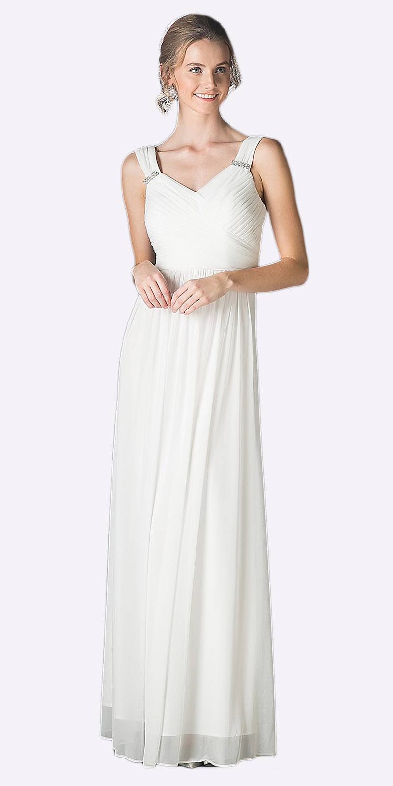 Long chiffon dress, sleeveless V-neck, white with gathered waist