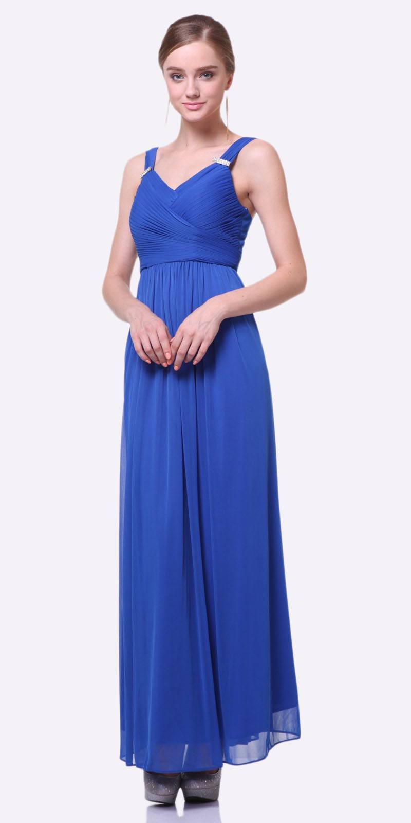 Long chiffon dress, sleeveless V-neck, royal blue with gathered waist