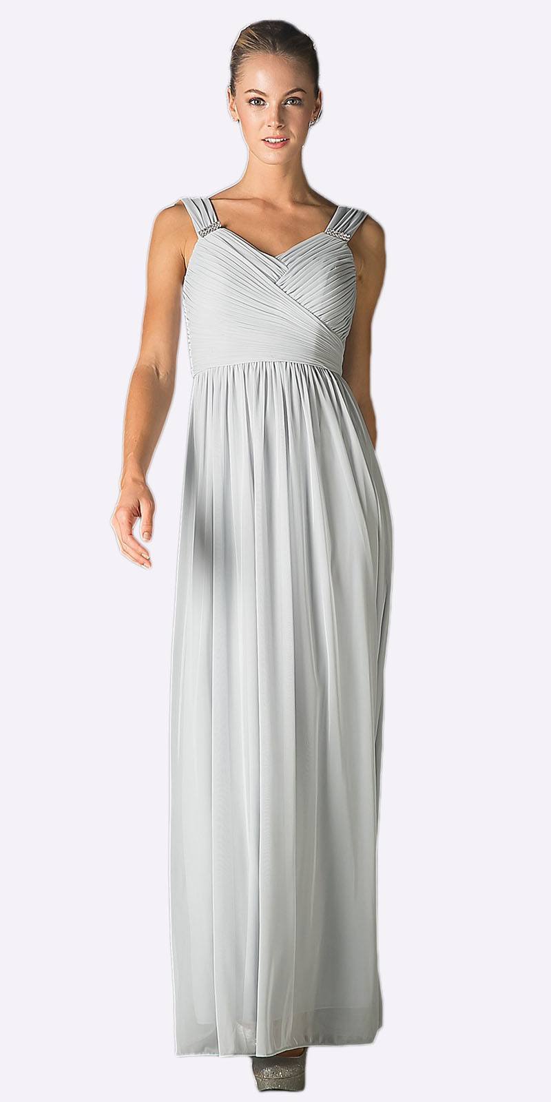 Sleeveless long chiffon dress, V-neck with draped bodice and waist gathers