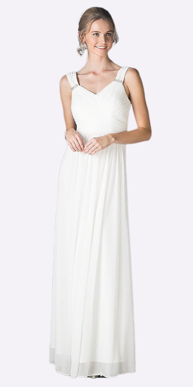 Sleeveless long chiffon dress with V-neck and subtle pleats, flowing maxi skirt