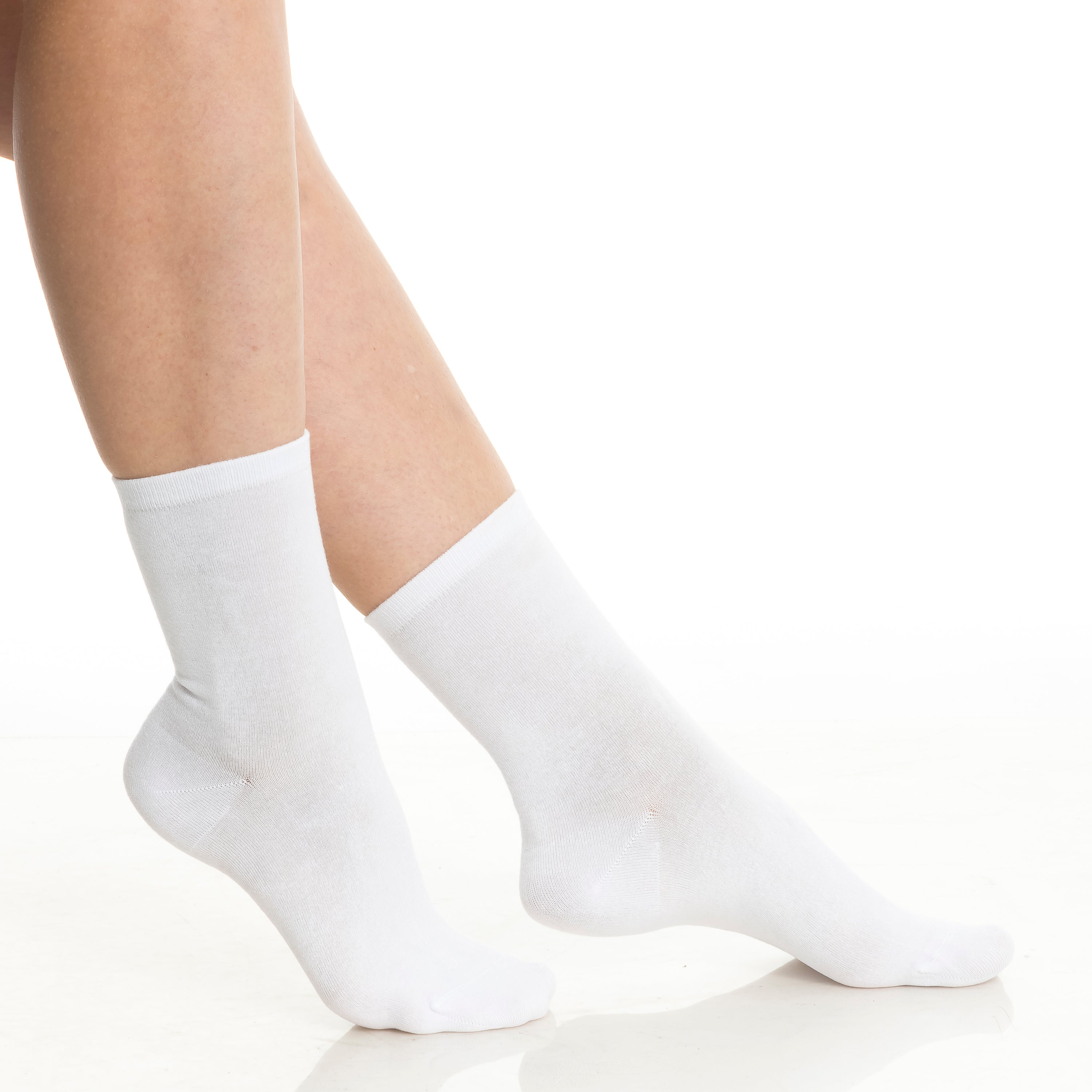 Bamboo crew socks 3-pack in white on feet, crew height with smooth knit