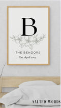 Family Name Sign / Personalized Printed Wood Monogram Family Name Sign With Established Date / Floral Modern Name Sign