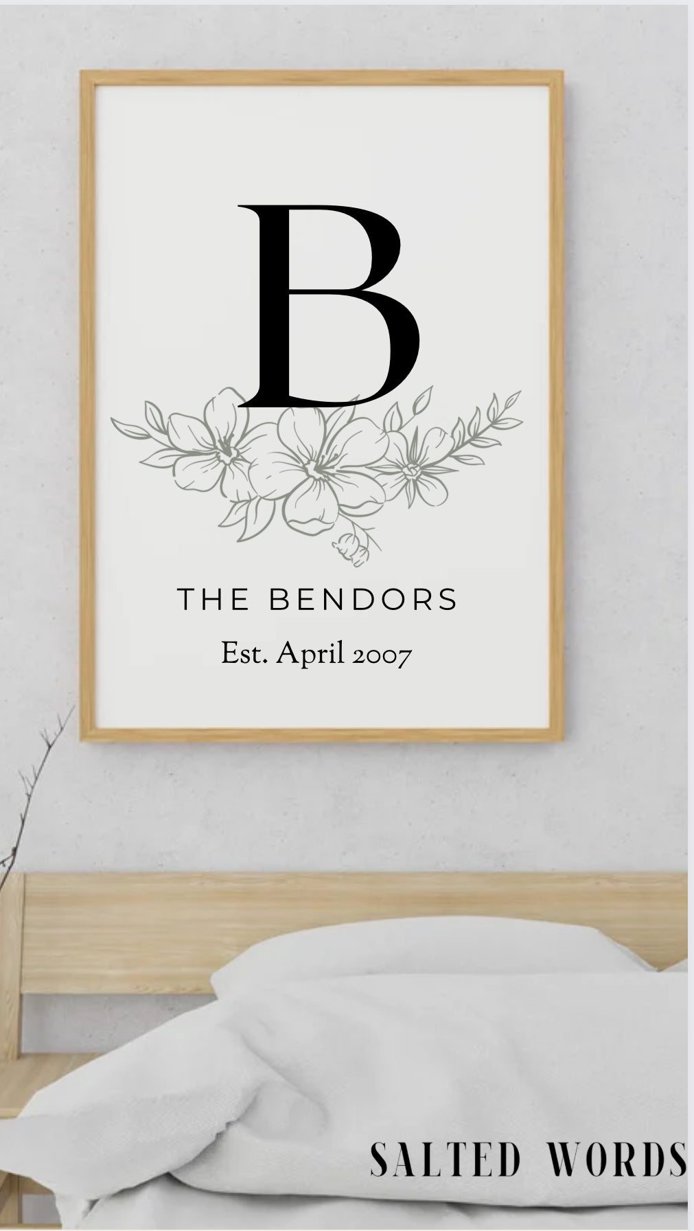 Family Name Sign / Personalized Printed Wood Monogram Family Name Sign With Established Date / Floral Modern Name Sign