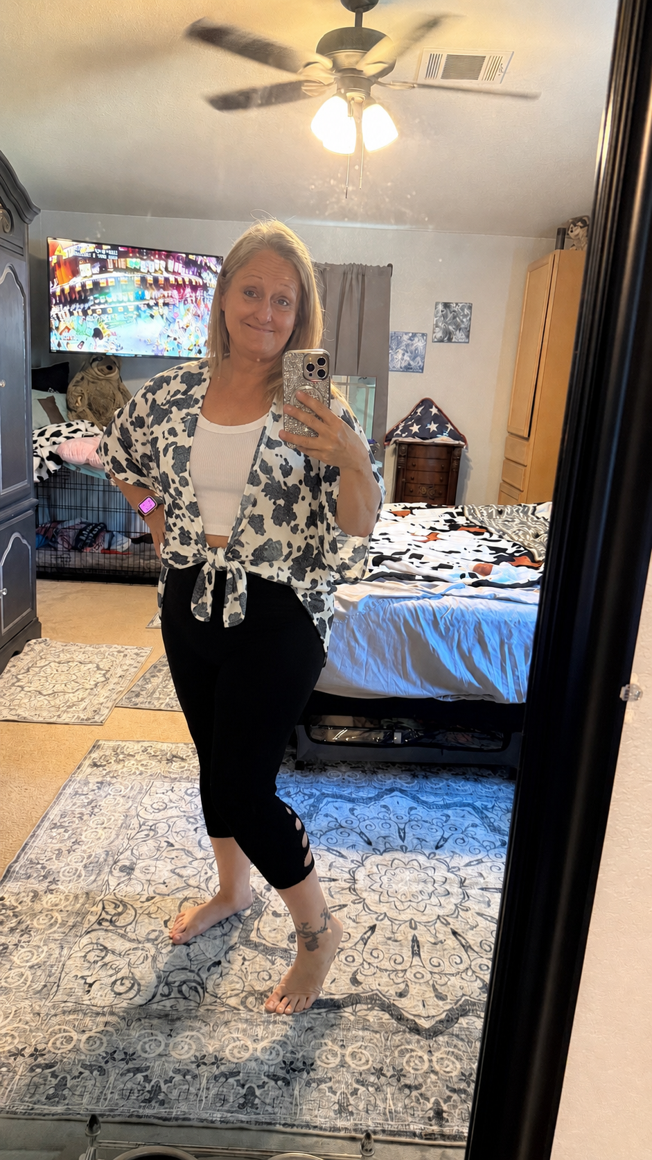 Cow print 3/4 sleeve cardigan in an open front style, mid-length
