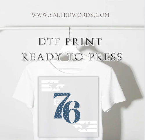 DTF transfer print with blue 76 stars and red-white stripes on square backing