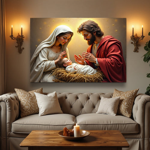 Framed 3D nativity wall art canvas of Mary, Jesus, and a baby in straw.