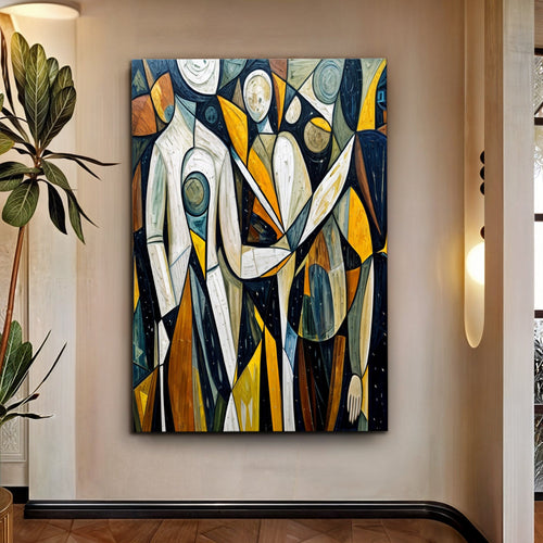 Abstract canvas wall art with human-like silhouettes in blue, yellow, and white on a wall.