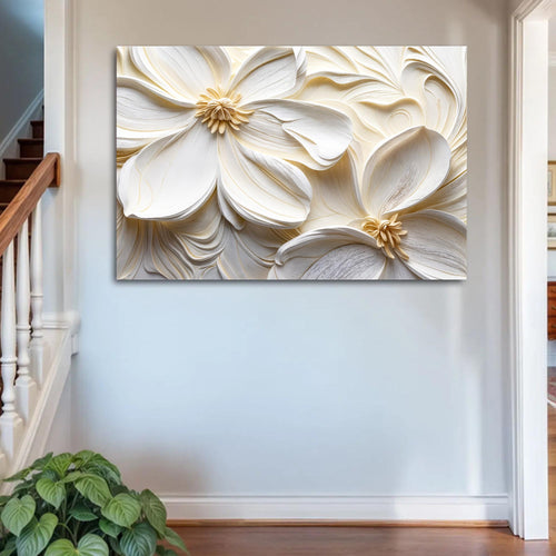 3D floral wall art canvas featuring white flowers with gold centers on a light frame