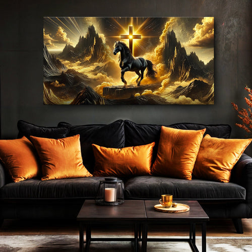 3D horse faith wall art canvas featuring a black horse under a glowing cross in clouds