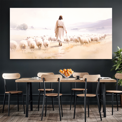 Landscape canvas wall art showing a woman in white walking beside sheep