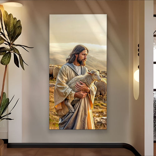 Landscape wall art print of a man in robes holding a lamb, hanging on a wall