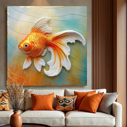 3D goldfish wall art with orange fish and raised white fins on teal canvas