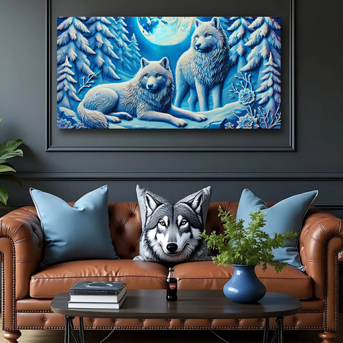 Landscape canvas wall art: three blue wolves in snowy forest under moon