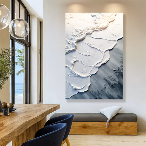 Abstract wave wall art canvas with white raised relief over blue-gray textured background