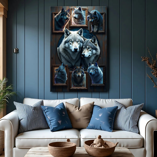 Framed wolf collage wall art featuring gray wolves arranged in a grid of panels