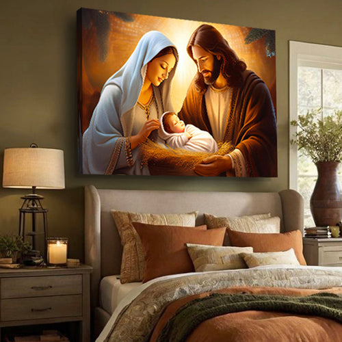 Landscape canvas wall art of two robed figures holding a swaddled baby in a manger scene