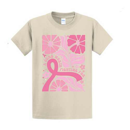 Breast cancer awareness T-shirt in natural beige with pink ribbon and floral graphic
