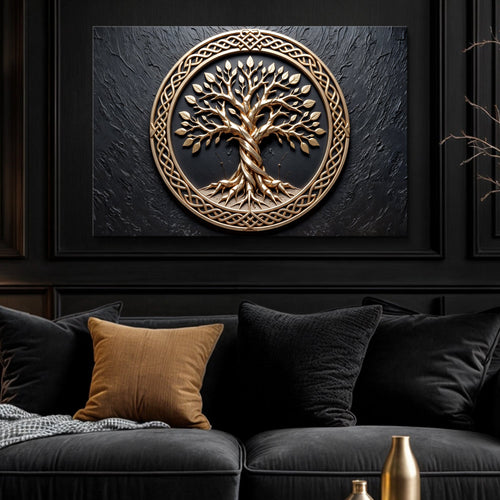 3D Celtic tree of life wall art featuring a gold-toned tree emblem in a circular frame