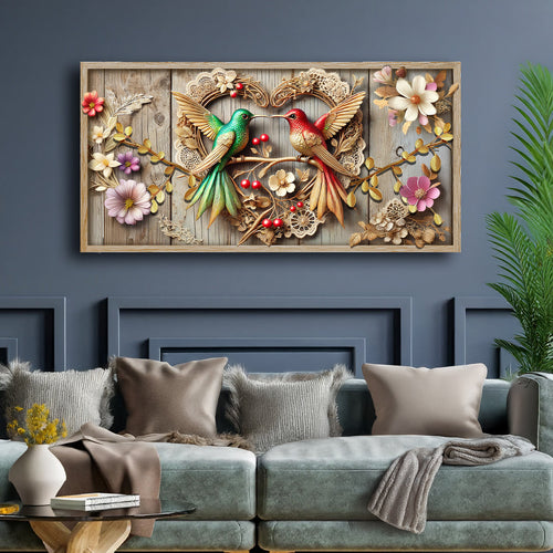 Landscape framed 3D hummingbird wall art with teal and red birds among flowers