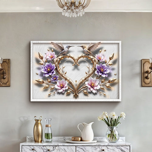 Framed hummingbird wall art with floral heart design in purple and pink, gold scroll details