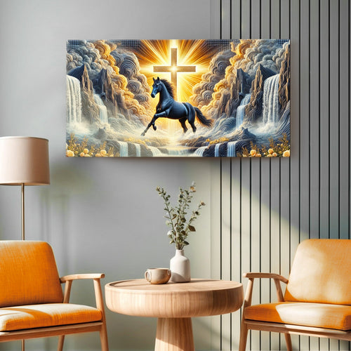 Mounted horse faith wall art canvas with black horse and glowing cross in clouds