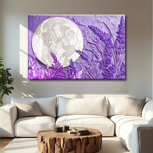 Purple lavender moon wall art canvas with textured white globe and stems