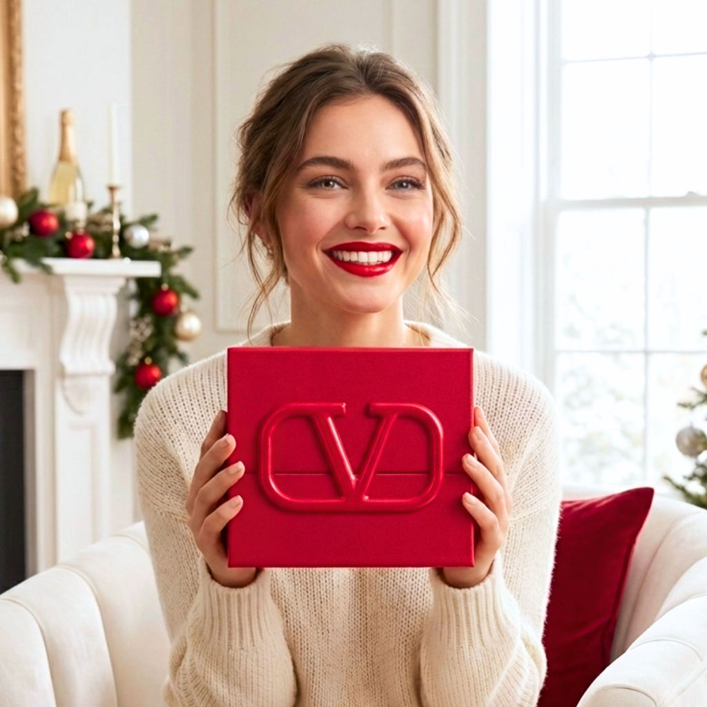 Red couture lipstick set gift box with embossed V logo, held by a smiling woman