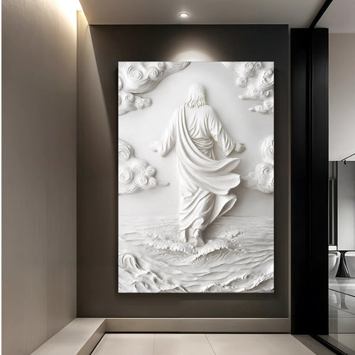Jesus walking on water relief canvas wall art with sculpted white clouds and waves