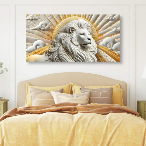3D lion wall art canvas above a bed, white mane lion with golden rays