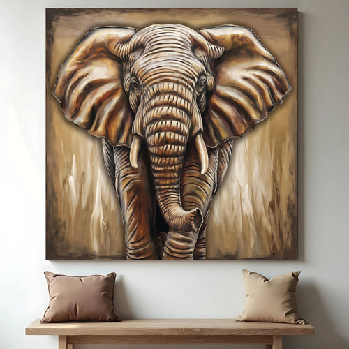 3D elephant wall art canvas with raised tusks and trunk in gold and gray