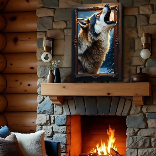 Wolf wall art canvas in ornate frame, howling wolf portrait with warm fireplace setting