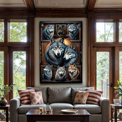 Framed wolf collage wall art featuring multiple blue and gray wolves in one scene